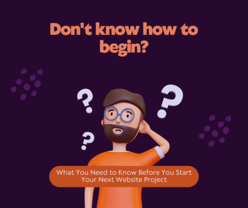 Cartoon character of a man scratching his head with question marks around him. Caption reads, Don't know how to begin? What you need to know before you start your next website project.