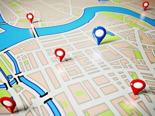 Map with pins in it representing local search engine optimization (SEO)