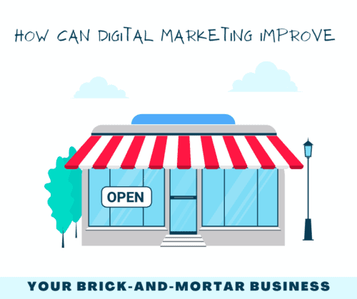 Cartoon style illustration of a store with an open sign. The caption reads, How can digital marketing improve your brick and mortar business?