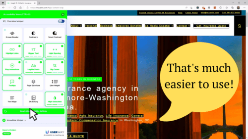 Screenshot of a website running the UserWay accessibility overlay and making the website impossible to read. A caption says, that's much easier to see, sarcastically.
